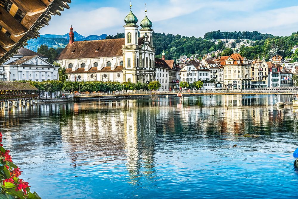 Kapellbrucke Jesuit Church reflection-Lucerne-Switzerland. Built in 1365